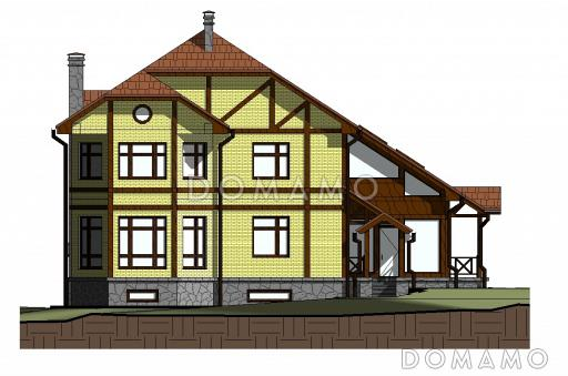 Проект двухэтажного дома с эркером и зимним садом, бильярдной и тренажерным залом на цокольном этаже / Фасад 3