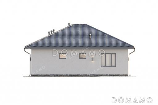 Проект компактного одноэтажного дома с вальмовой кровлей, крытой террасой, тремя спальнями и большой открытой зоной кухни-гостиной / Фасад 2