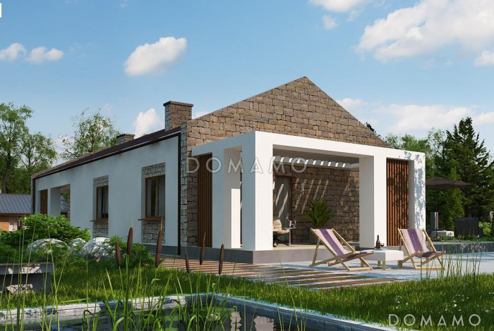 Проект одноэтажного дома необычной планировки из газобетона с двумя спальнями и кабинетом