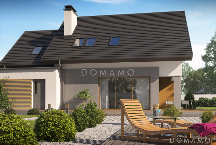 Проект одноэтажного мансардного дома из газобетона с большой гостиной, гаражом и частично крытой террасой Проект одноэтажного мансардного дома из газобетона с большой гостиной, гаражом и частично крытой террасой