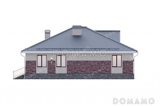 Проект одноэтажного дома с комбинированной отделкой фасадов кирпичом разных тонов, большой террасой под одной кровлей с домом и удобной планировкой для семьи с детьми / Фасад 1