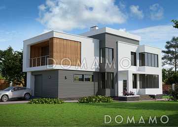 Проект современного двухэтажного дома из газобетона с большой площадью остекления, лоджией и гаражом