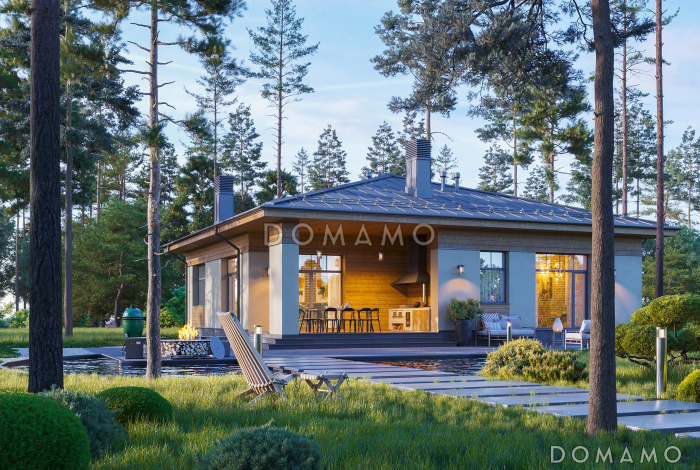 Проект каркасного дома с 3 спальнями, гостиной-столовой и террасой барбекю Проект каркасного дома с 3 спальнями, гостиной-столовой и террасой барбекю