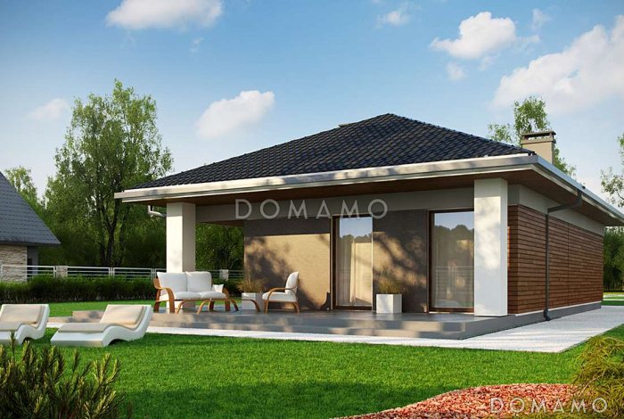 Проект простого комфортного одноэтажного дома из кирпича с тремя спальнями Проект простого комфортного одноэтажного дома из кирпича с тремя спальнями