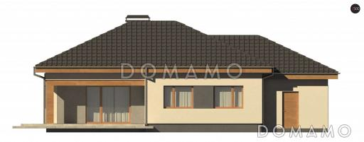 Проект одноэтажного дома из газобетона с тремя спальнями и небольшой крытой угловой террасой, увеличенная версия 273 с гаражом / Фасад 1
