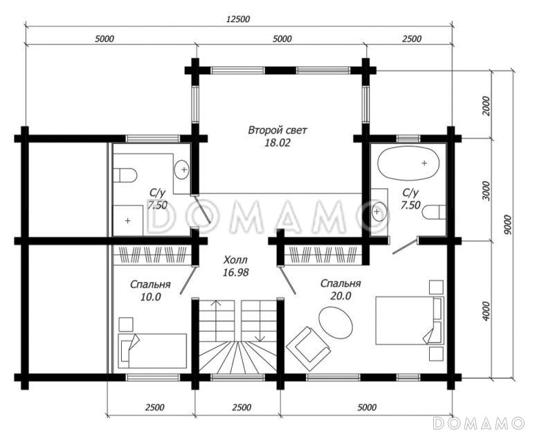 Проект дома из клееного бруса с гостиной эффектно совмещеной с зоной второго света / План 2 этажа Проект дома из клееного бруса с гостиной эффектно совмещеной с зоной второго света / План 2 этажа