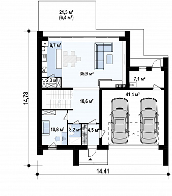 Проект загородного дома с панорамным остеклением, кабинетом, просторной гостиной, гаражом на 2 машины / План 1 этажа Проект загородного дома с панорамным остеклением, кабинетом, просторной гостиной, гаражом на 2 машины / План 1 этажа