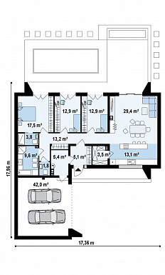 Проект современного одноэтажного углового дома из кирпича с плоской крышей, с тремя спальнями и двухместным гаражом / План 1 этажа Проект современного одноэтажного углового дома из кирпича с плоской крышей, с тремя спальнями и двухместным гаражом / План 1 этажа