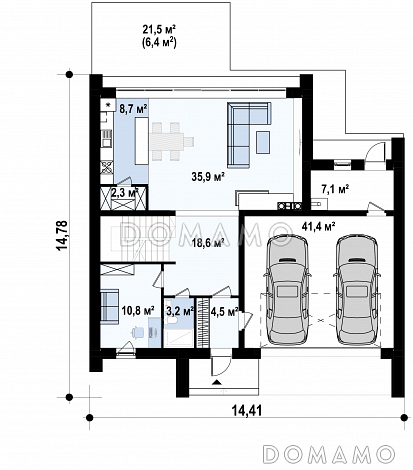 Проект загородного дома с панорамным остеклением, кабинетом, просторной гостиной, гаражом на 2 машины / План 1 этажа Проект загородного дома с панорамным остеклением, кабинетом, просторной гостиной, гаражом на 2 машины / План 1 этажа