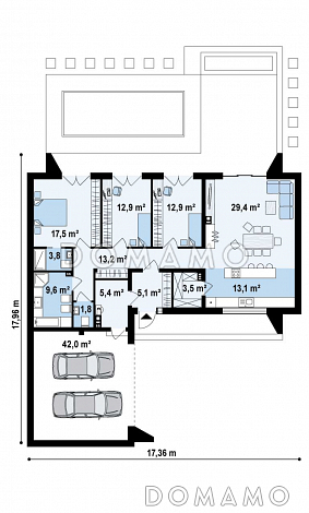 Проект современного одноэтажного углового дома из кирпича с плоской крышей, с тремя спальнями и двухместным гаражом / План 1 этажа Проект современного одноэтажного углового дома из кирпича с плоской крышей, с тремя спальнями и двухместным гаражом / План 1 этажа