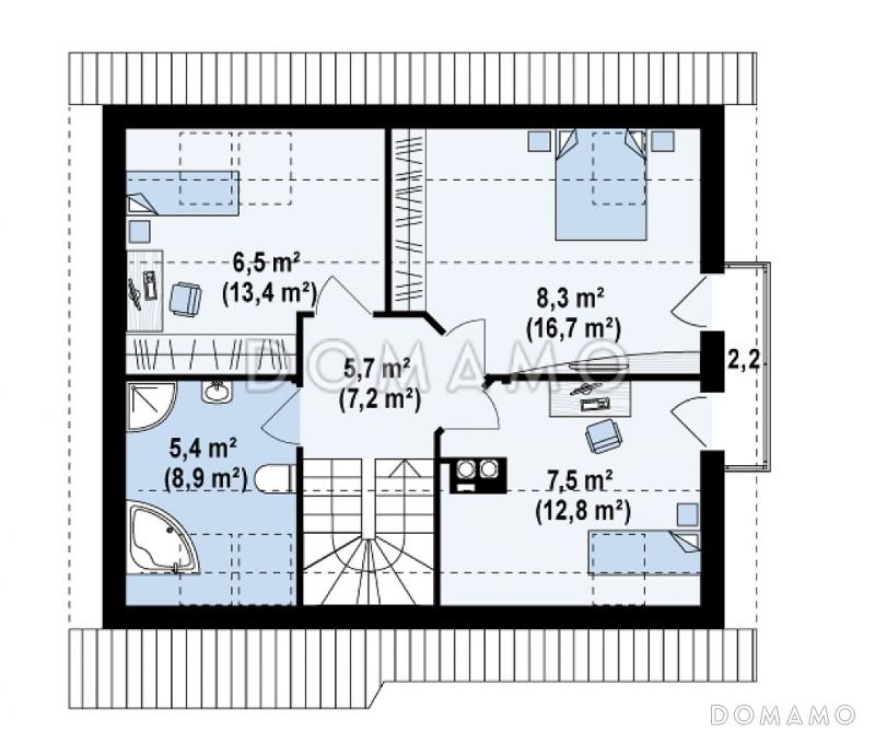 Проект небольшого одноэтажного мансардного дома из газобетона с дополнительной комнатой на первом этаже и эркером / План мансардного этажа