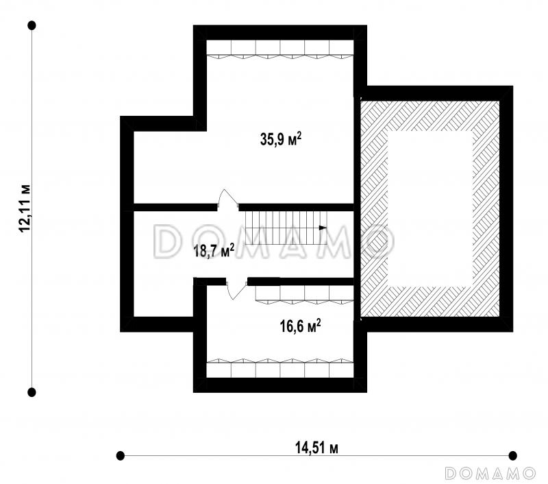 Проект дома с подвалом, гаражом, террасой, кладовой на кухне, балконом / План цокольного этажа