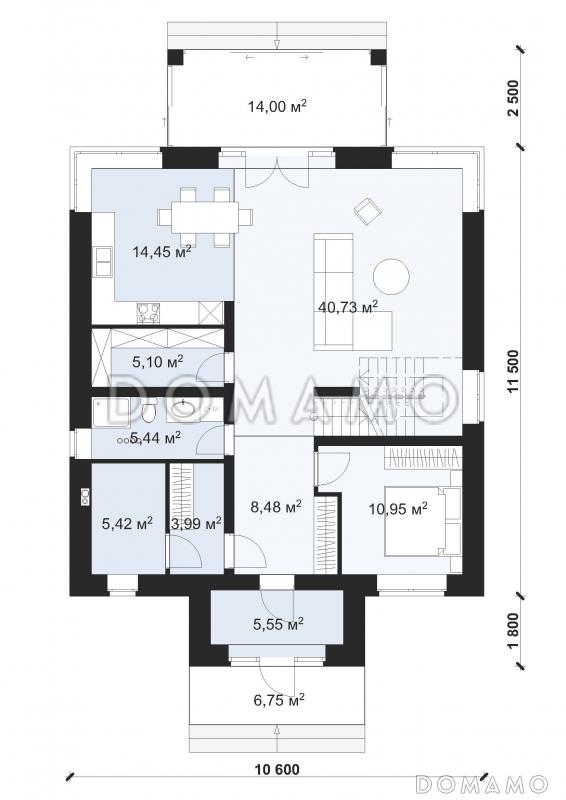 Проект современного двухэтажного коттеджа с четырьмя спальнями S-193 / План 1 этажа