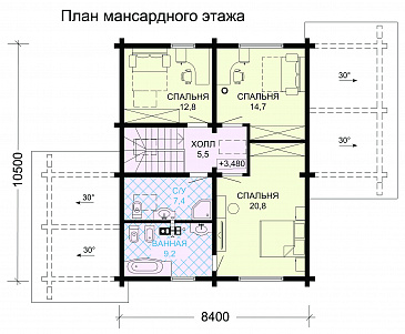 Проект современного дома из бруса в насыщенно-вишневом цвете с крытой террасой / План мансардного этажа Проект современного дома из бруса в насыщенно-вишневом цвете с крытой террасой / План мансардного этажа