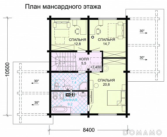 Проект современного дома из бруса в насыщенно-вишневом цвете с крытой террасой / План мансардного этажа Проект современного дома из бруса в насыщенно-вишневом цвете с крытой террасой / План мансардного этажа