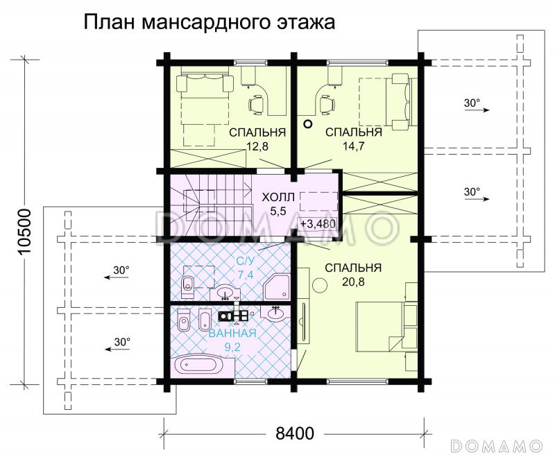 Проект современного дома из бруса в насыщенно-вишневом цвете с крытой террасой / План мансардного этажа