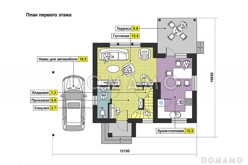 Проект дома с террасой, кухней-столовой с выходом на террасу, санузлом с окном, навесом для автомобиля / План 1 этажа