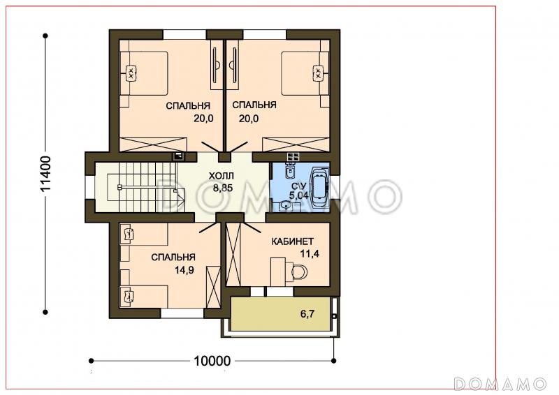 Проект загородного дома с каменного облицовкой крыльца и панорамными окнами гостиной / План мансардного этажа