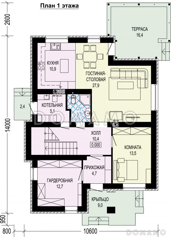 Проект двухэтажного газобетонного дома с большой гардеробной, пятью комнатами и пристроенной террасой / План 1 этажа