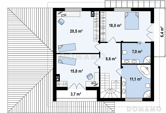 Проект двухэтажного дома из кирпича с эркером и балконом над ним, с тремя спальнями, кабинетом и гаражом / План 2 этажа
