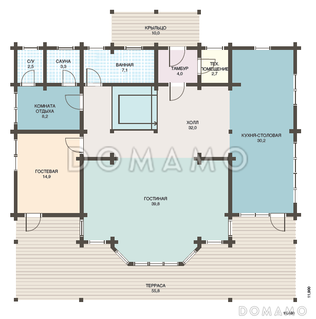 Проект дома из клееного бруса с обилием окон различной формы / План 1 этажа