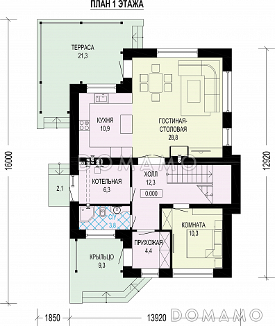 Проект 2-этажного газобетонного загородного дома с террасой / План 1 этажа