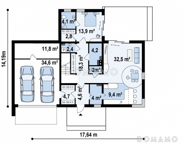 Проект современного двухэтажного дома из кирпича в стиле модерн, с террасой на втором уровне, с двухместным гаражом / План 1 этажа Проект современного двухэтажного дома из кирпича в стиле модерн, с террасой на втором уровне, с двухместным гаражом / План 1 этажа