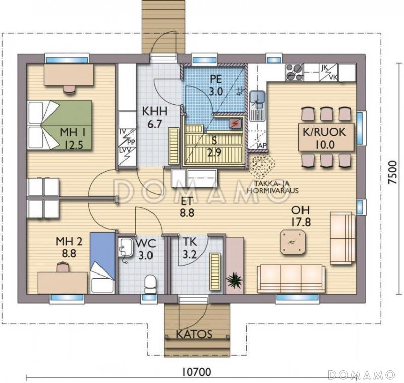 Проект одноэтажного каркасного дома с двускатной крышей / План 1 этажа