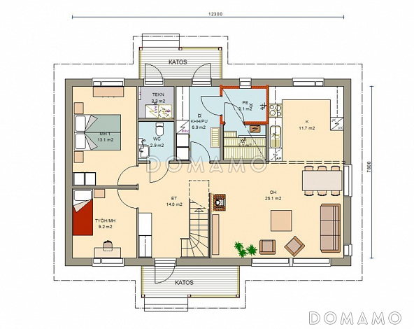 Проект каркасного дома с тремя спальнями на мансардном этаже / План 1 этажа Проект каркасного дома с тремя спальнями на мансардном этаже / План 1 этажа