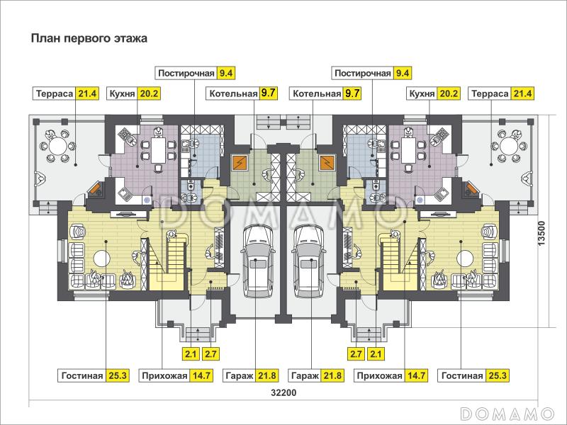 Загородный дом для большой семьи с функциональной планировкой, гаражом, барбекю на террасе / План 1 этажа