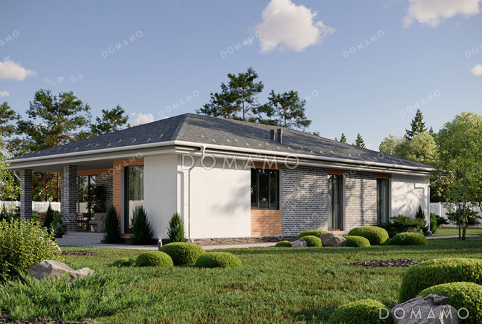 Проект современного загородного дома с комфортной террасой и тремя спальнями