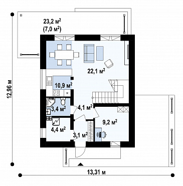 Проект двухэтажного дома с кабинетом, объединенной кухней и гостиной, террасой, спальнями на втором этаже / План 1 этажа