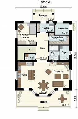 Проект загородного дома с террасой, гостиной с эркером, сауной, пятью спальнями на мансардном этаже / План 1 этажа