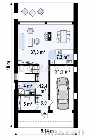 Проект одноэтажного мансардного дома из газобетона с балконом и современными элементами экстерьера и встроенным гаражом / План 1 этажа