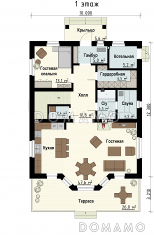 Проект загородного дома с террасой, гостиной с эркером, сауной, пятью спальнями на мансардном этаже / План 1 этажа