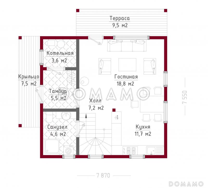 Проект компактного двухэтажного дома из деревянного кирпича с тремя спальнями / План 1 этажа