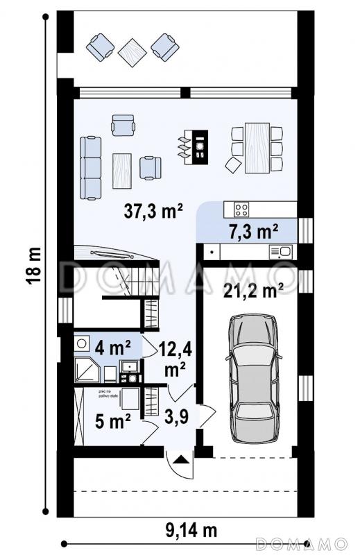 Проект одноэтажного мансардного дома из газобетона с балконом и современными элементами экстерьера и встроенным гаражом / План 1 этажа