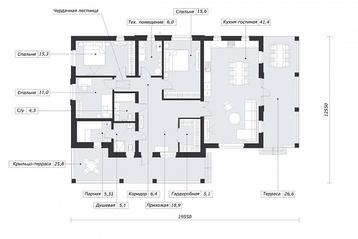 Проект одноэтажного дома с тремя спальнями, двумя крытыми террасами и чердаком / План 1 этажа