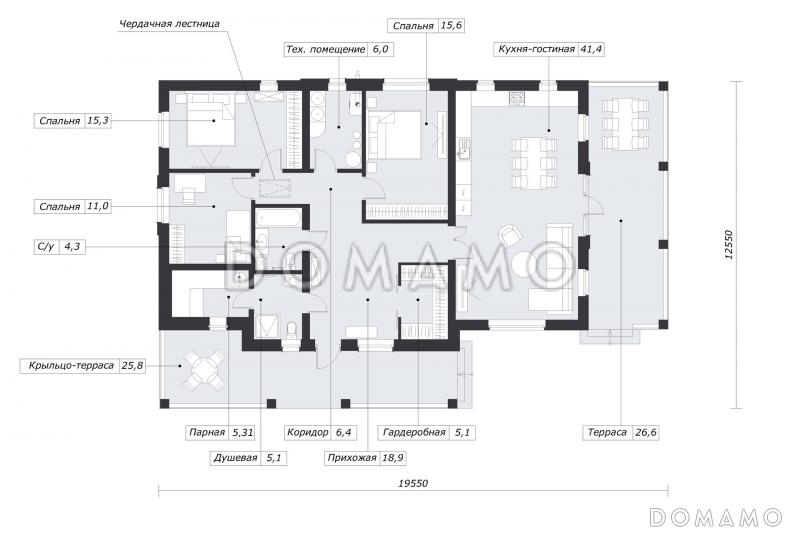 Проект одноэтажного дома с тремя спальнями, двумя крытыми террасами и чердаком / План 1 этажа