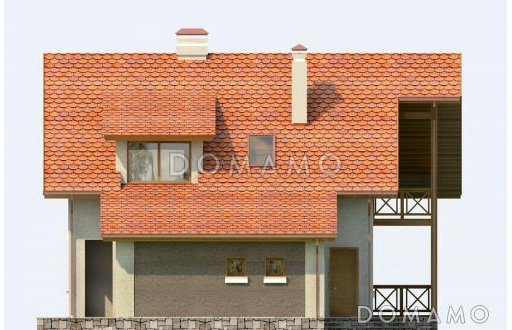 Проект коттеджа с красной двускатной крышей, тремя спальными комнатами, балконом и гаражом / Фасад 2