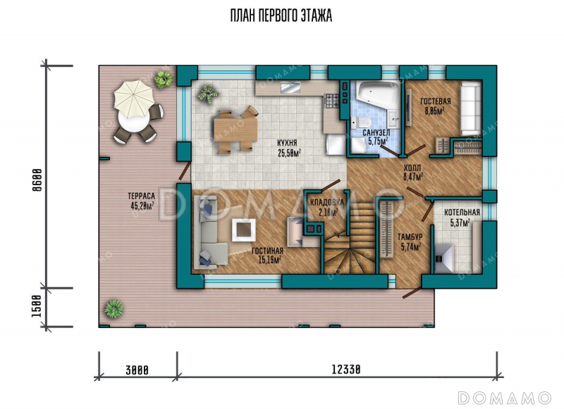 Проект двухэтажного дома с большой террасой / План 1 этажа