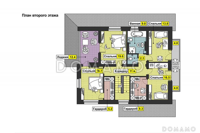Загородный дом с бильярдной и спортзалом в цокольном этаже, барбекю на террасе, просторной кухней, лоджией и балконами / План мансардного этажа