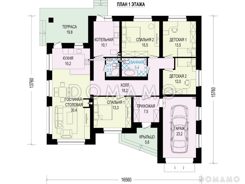 Проект одноэтажного дома с гаражом, террасой, детскими комнатами, просторной гостиной / План 1 этажа