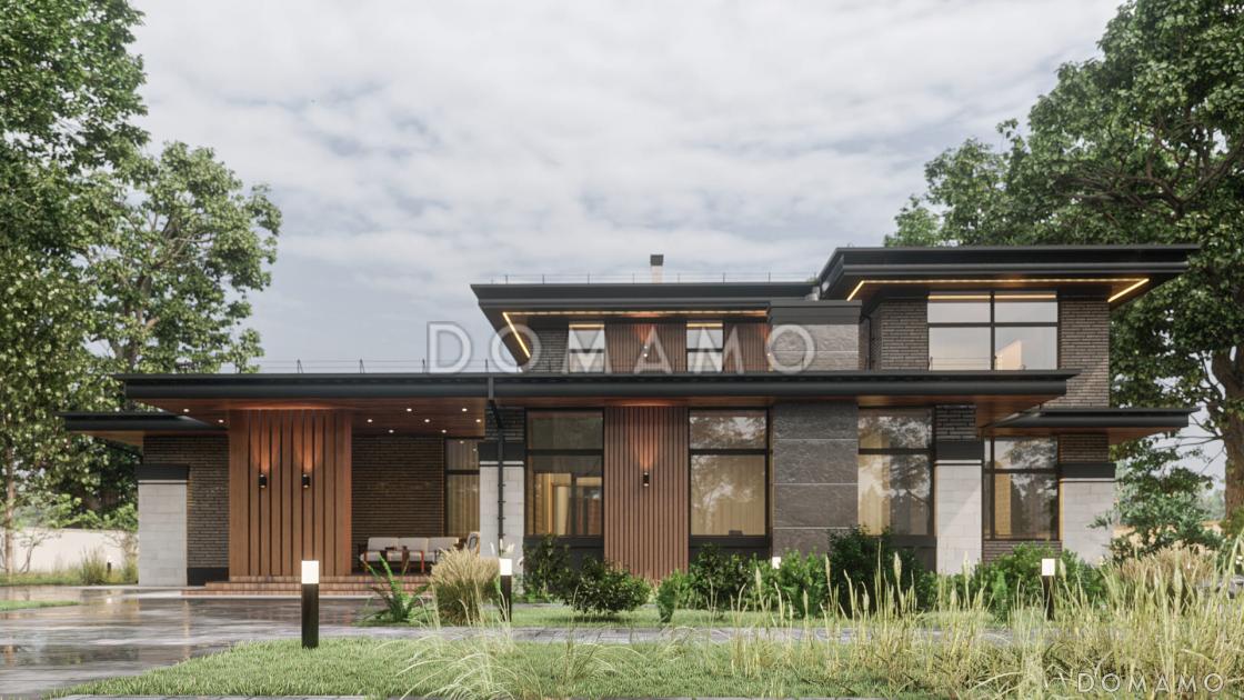 Проект современного дома с большой гостиной, кабинетом и мастер-спальней на первом этаже / 1