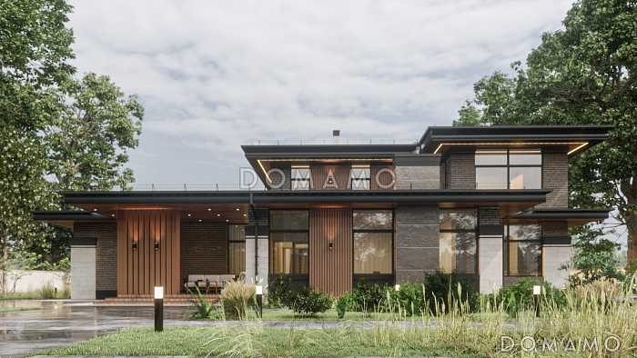 Проект современного дома с большой гостиной, кабинетом и мастер-спальней на первом этаже