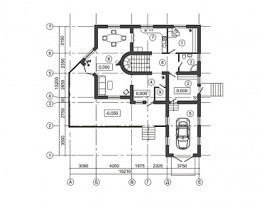 Проект дома с треугольным эркером и гаражом на одну машину / План 1 этажа Проект дома с треугольным эркером и гаражом на одну машину / План 1 этажа