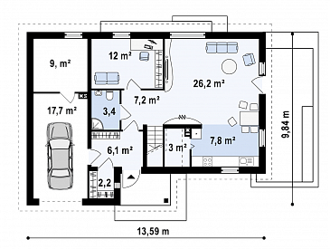 Проект одноэтажного дома из кирпича с угловой мансардой и встроенным гаражом / План 1 этажа