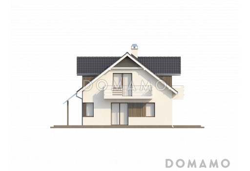 Проект просторного одноэтажного дома из кирпича с тремя спальнями и подсобным помещением на мансардном этаже и со встроенным гаражом / Фасад 1