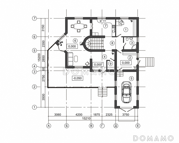 Проект дома с треугольным эркером и гаражом на одну машину / План 1 этажа Проект дома с треугольным эркером и гаражом на одну машину / План 1 этажа