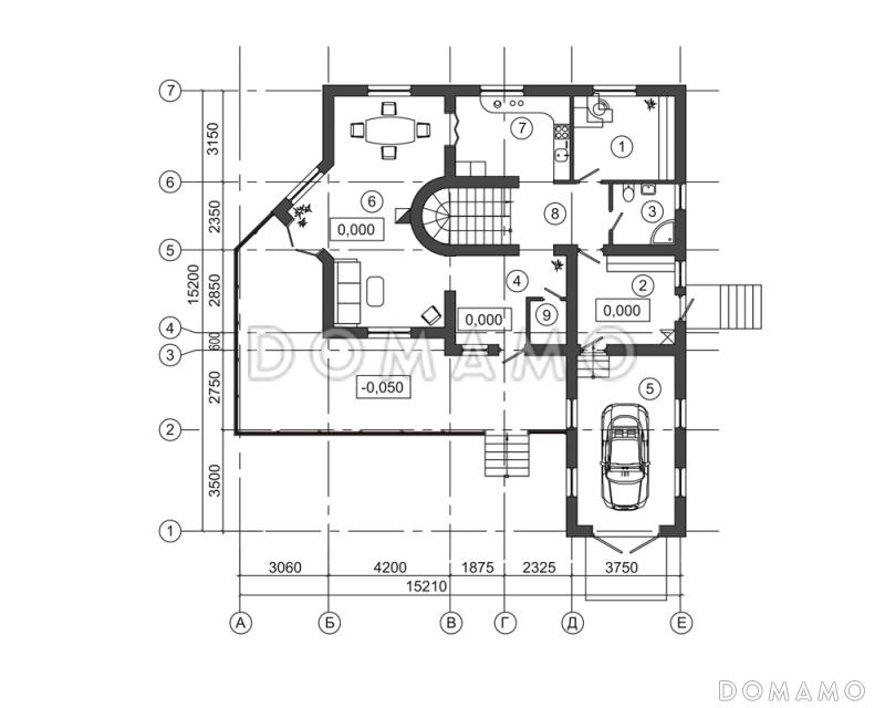 Проект дома с треугольным эркером и гаражом на одну машину / План 1 этажа